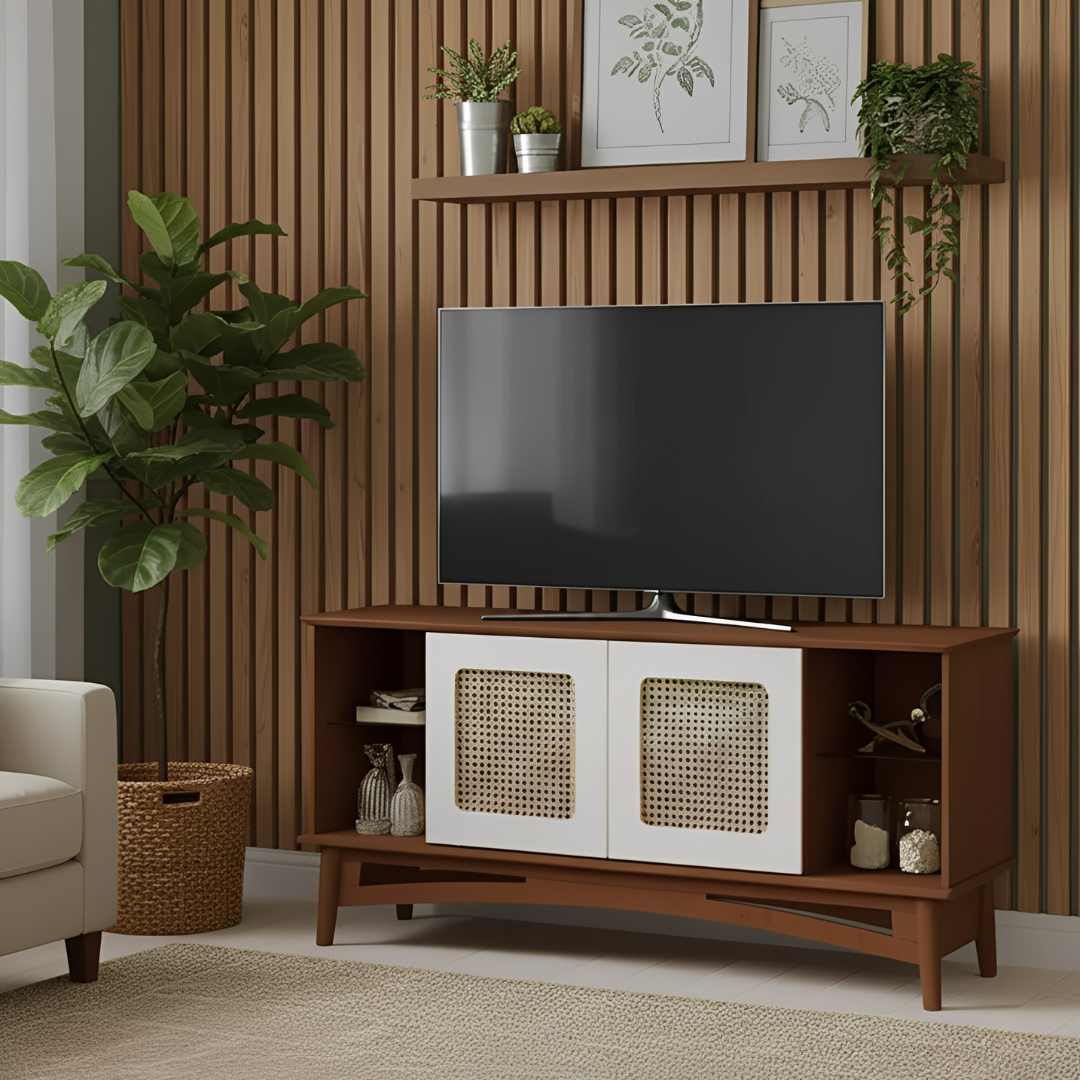 rack para tv veneza de madeira com 2 portas em rattan e 2 prateleiras de vidro 6007 1