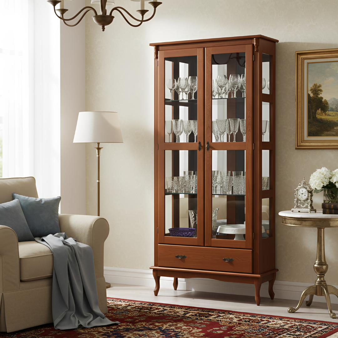 cristaleira com espelho 2 portas 3 prateleiras de vidro 1 gaveta pes luiz xv imbuia glazer 1076 e 024 4