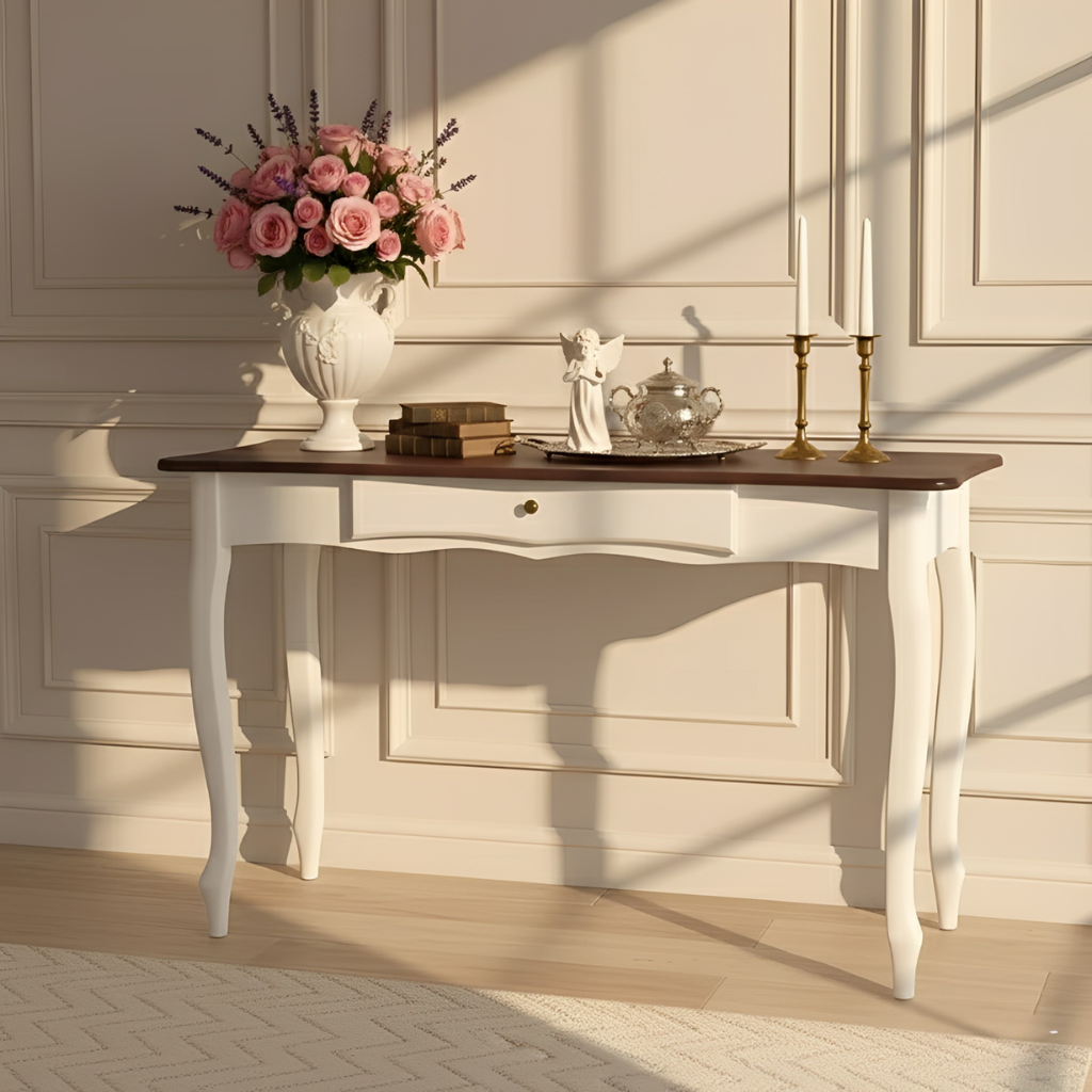 Aparador para Sala com P&eacute;s Luiz XV 1 Gaveta 1019 Meyer M&oacute;veis Nude Laca com tampo Castanho Envelhecido